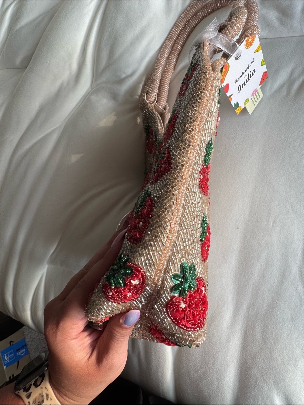 Strawberry Beaded Bucket Bag Handmade in India New With Tags - Picture 7 of 15